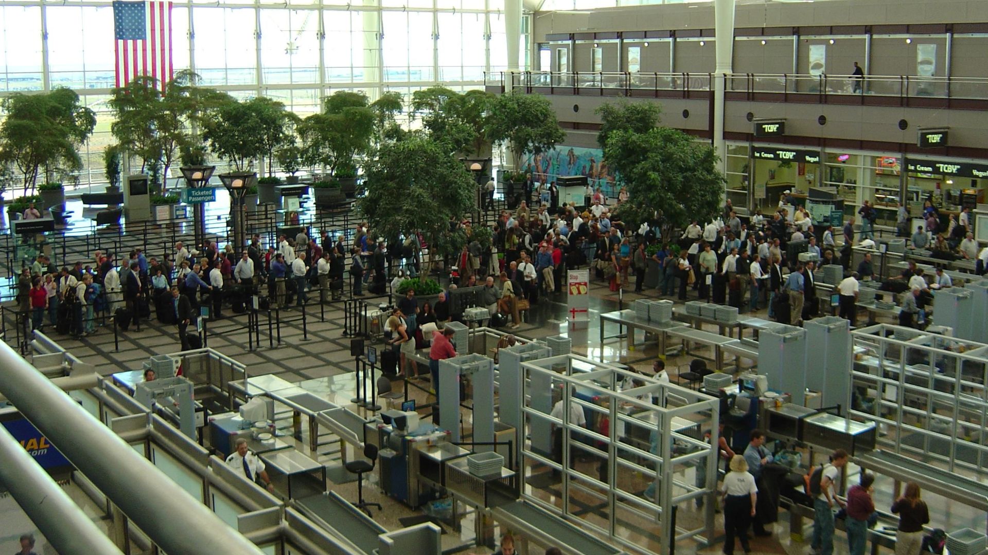 Airport security lines at Denver International Airport, United States.