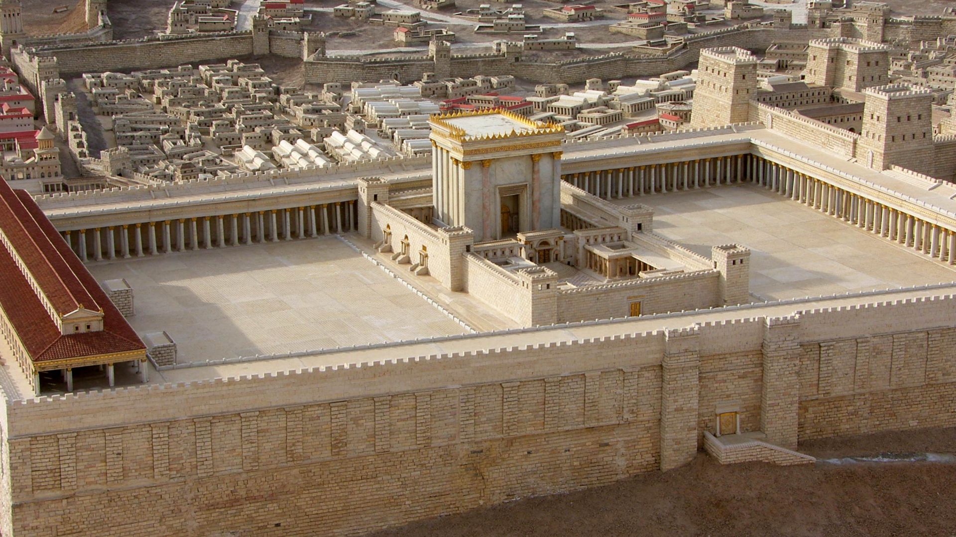 This photograph shows the Second Temple at the center of the Temple Mount as depicted in the Holyland Model of Jerusalem, a large scale model reconstruction of the city in the late Second Temple period. The model was designed by archaeologist Michael Avi-