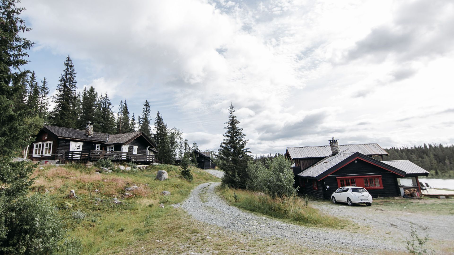Rustic cabins nestled in a pine forest with a gravel driveway, under a partly cloudy sky.