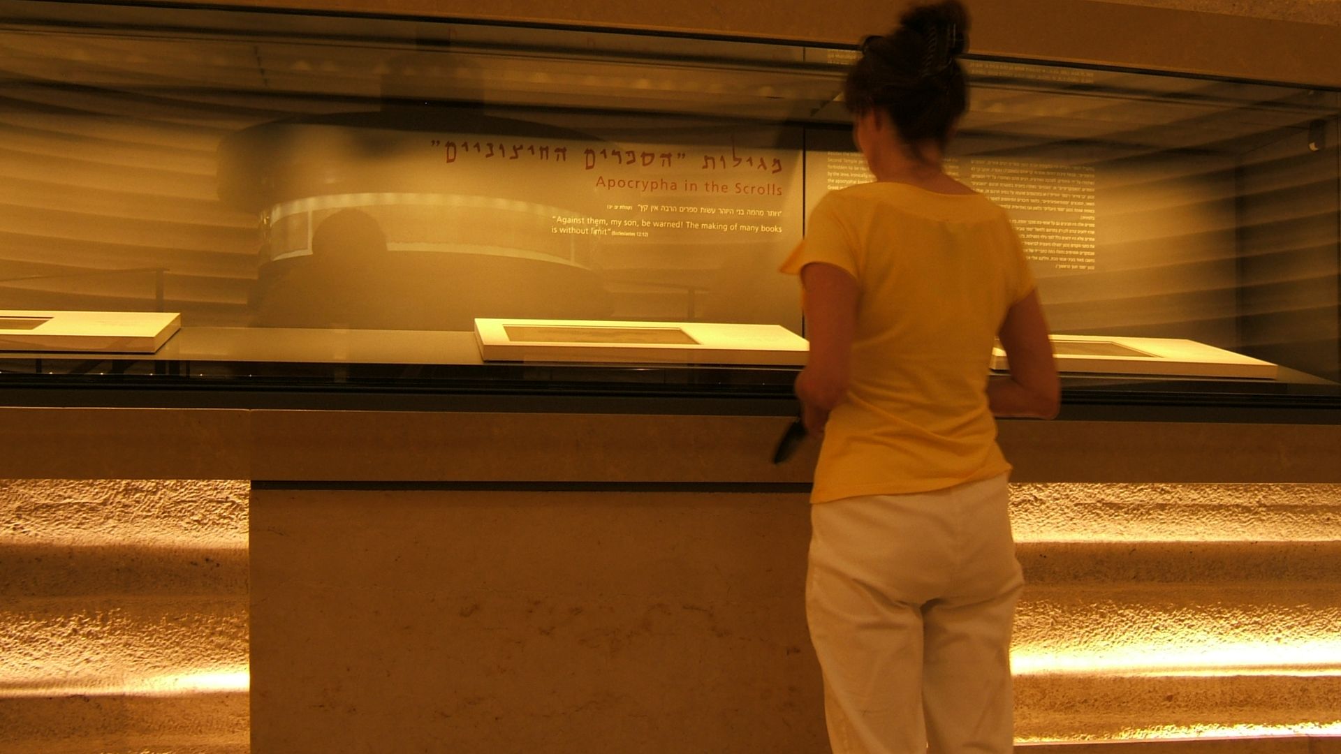 Dead sea scroll fragments on display at the Israel Museum in Jerusalem.
Photo taken in Israel 2005 by myself (Bantosh).
