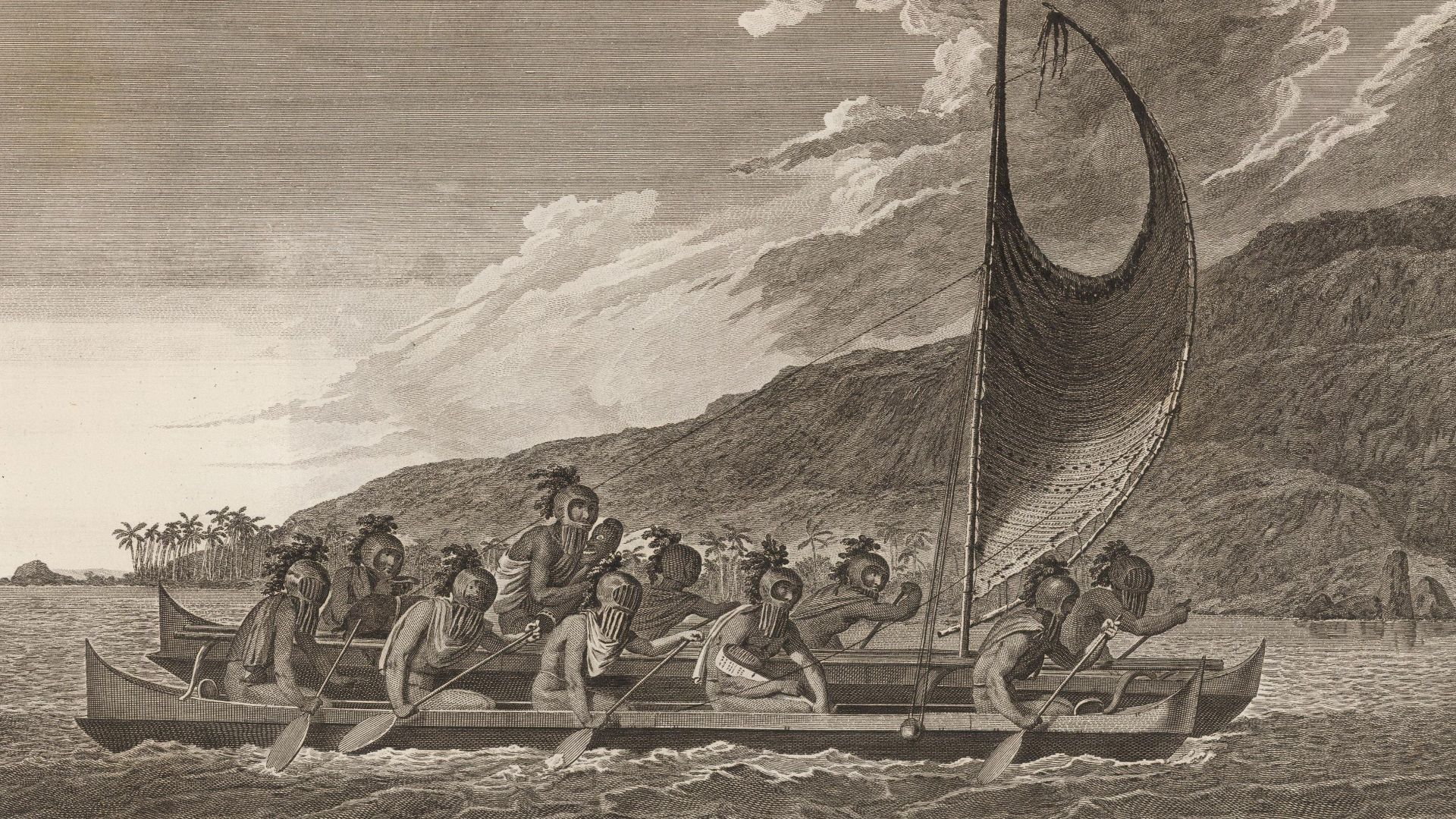 Priests traveling across Kealakekua bay for first contact rituals.  Each helmet is a gourd, with foliage and tapa strip decoration.  A feather surrounded akua is in the arms of the priest at the center of the engraving.  It is not known what the purpose o