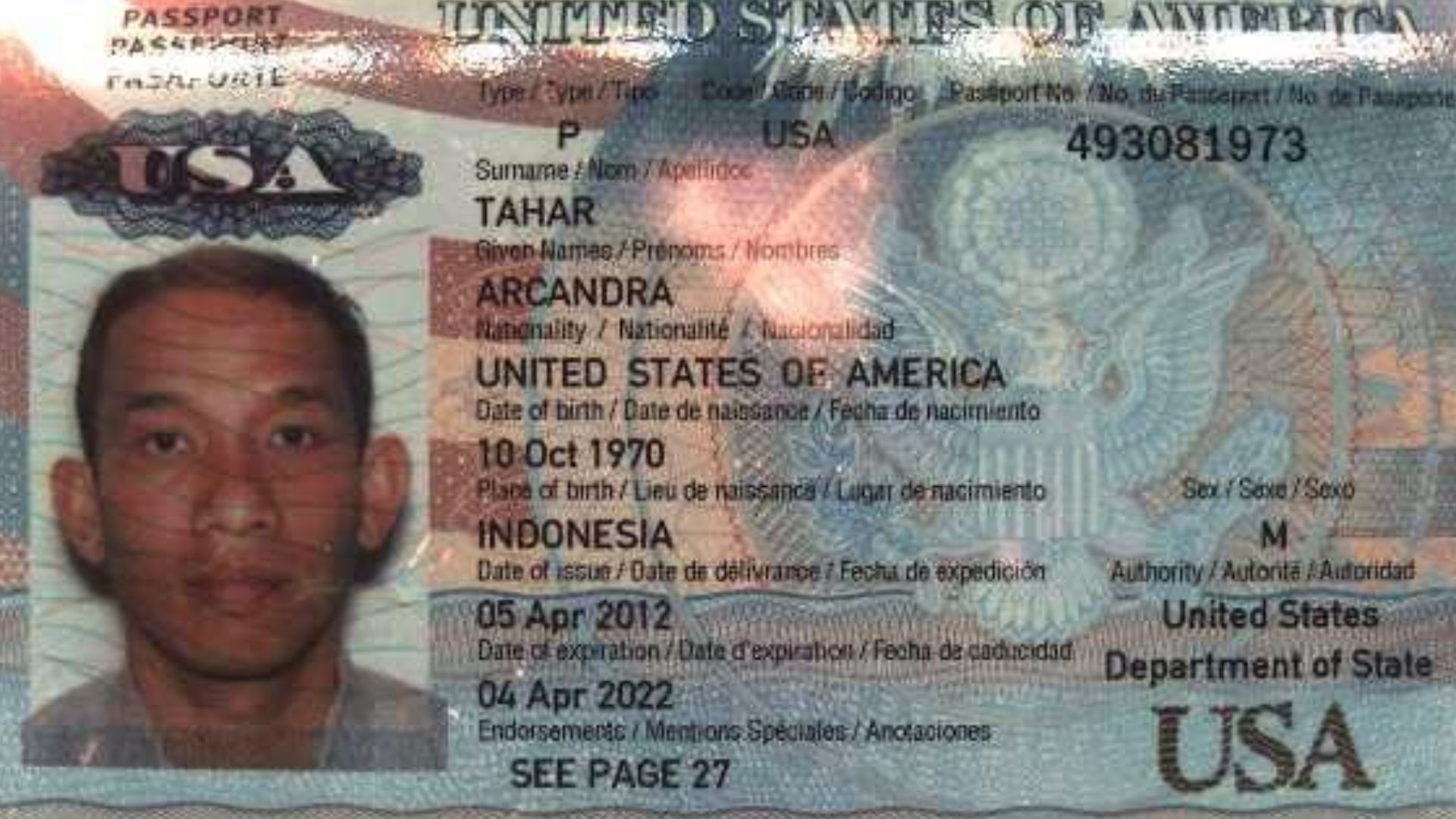 Arcandra Tahar's US passport.