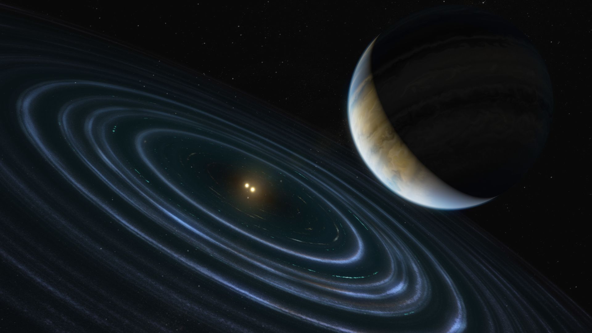 The 11-Jupiter-mass exoplanet called HD 106906 b, shown in this artist's illustration, occupies an unlikely orbit around a double star 336 light-years away. It may be offering clues to something that might be much closer to home: a hypothesized distant me