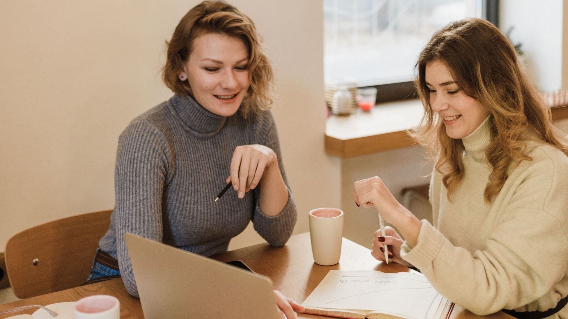Two women engaged in a relaxed meeting at a cafe, using a laptop.
