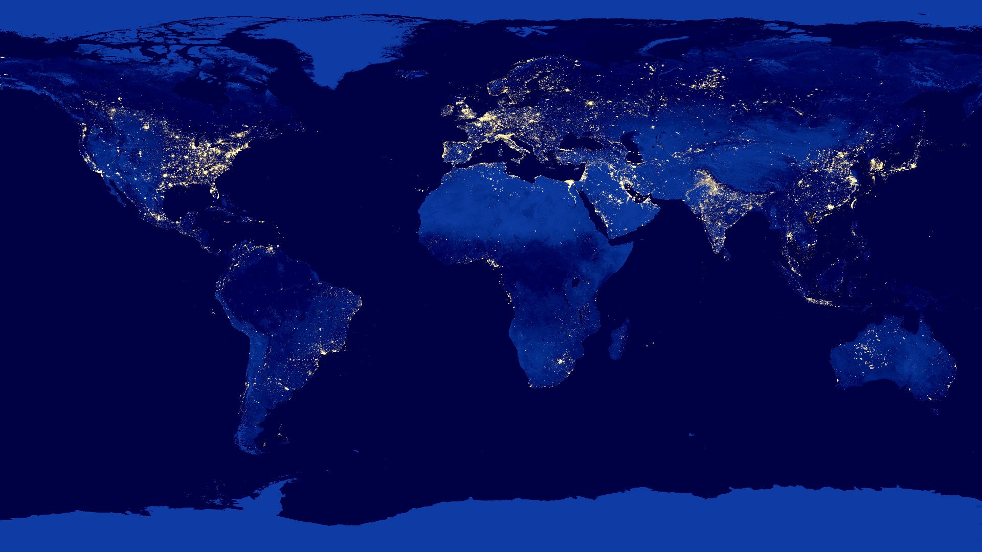 This image of the Earth at night is a composite assembled from data acquired by the Suomi National Polar-orbiting Partnership (Suomi NPP) satellite over nine days in April 2012 and thirteen days in October 2012. It took 312 orbits and 2.5 terabytes of dat