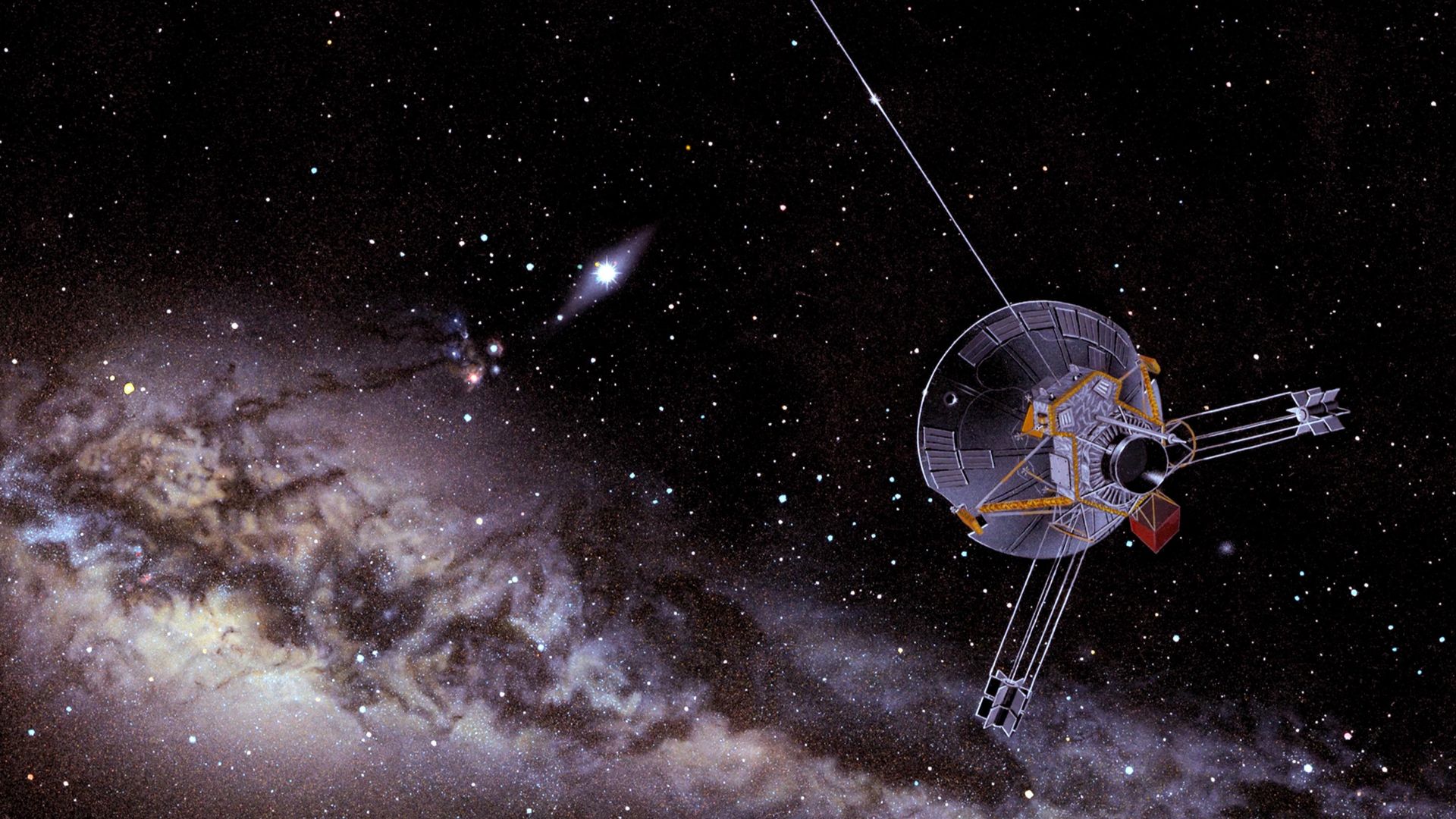 An artist's impression of Pioneer 10 looking back on the inner Solar while on its way to interstellar space.