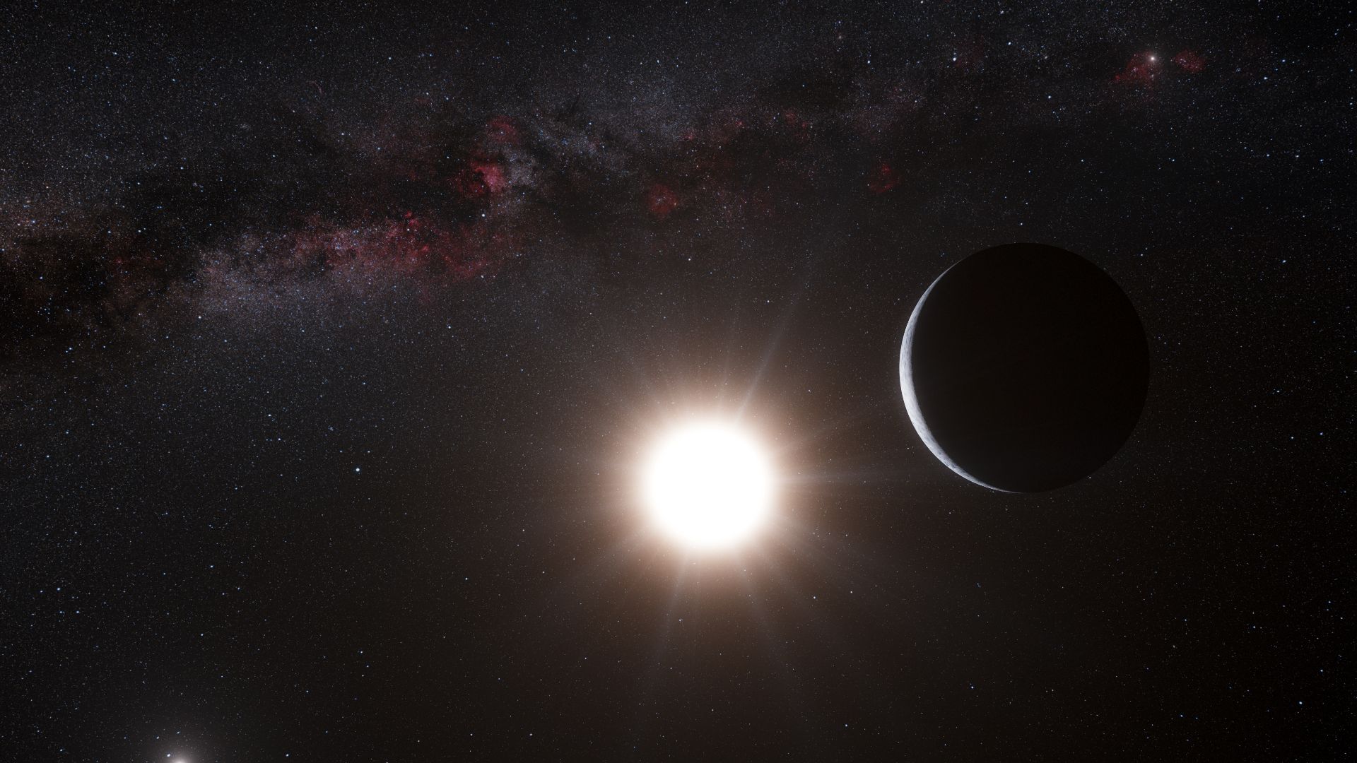 This artist’s impression shows the planet orbiting the star Alpha Centauri B, a member of the triple star system that is the closest to Earth. Alpha Centauri B is the most brilliant object in the sky and the other dazzling object is Alpha Centauri A. Our 