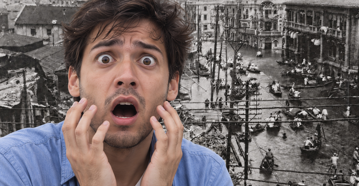 Shocked man with a natural disaster