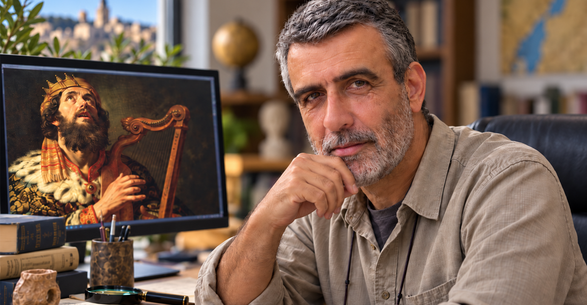 AI-generated image of an archaeologist beside computer displaying King David painting