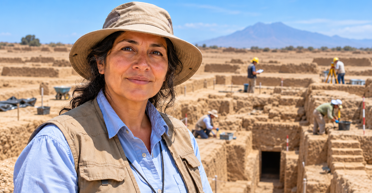 AI-generated image of archaeologist standing in front of excavated tomb
