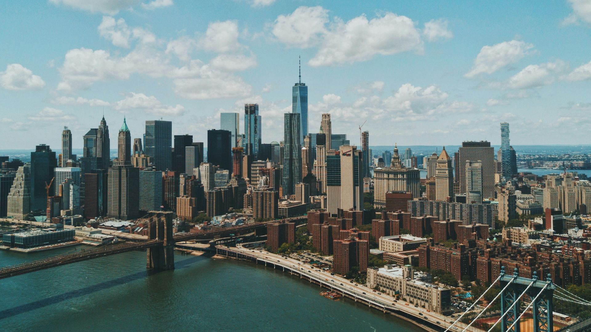 The Manhattan skyline and Brooklyn Bridge over the East River in New York