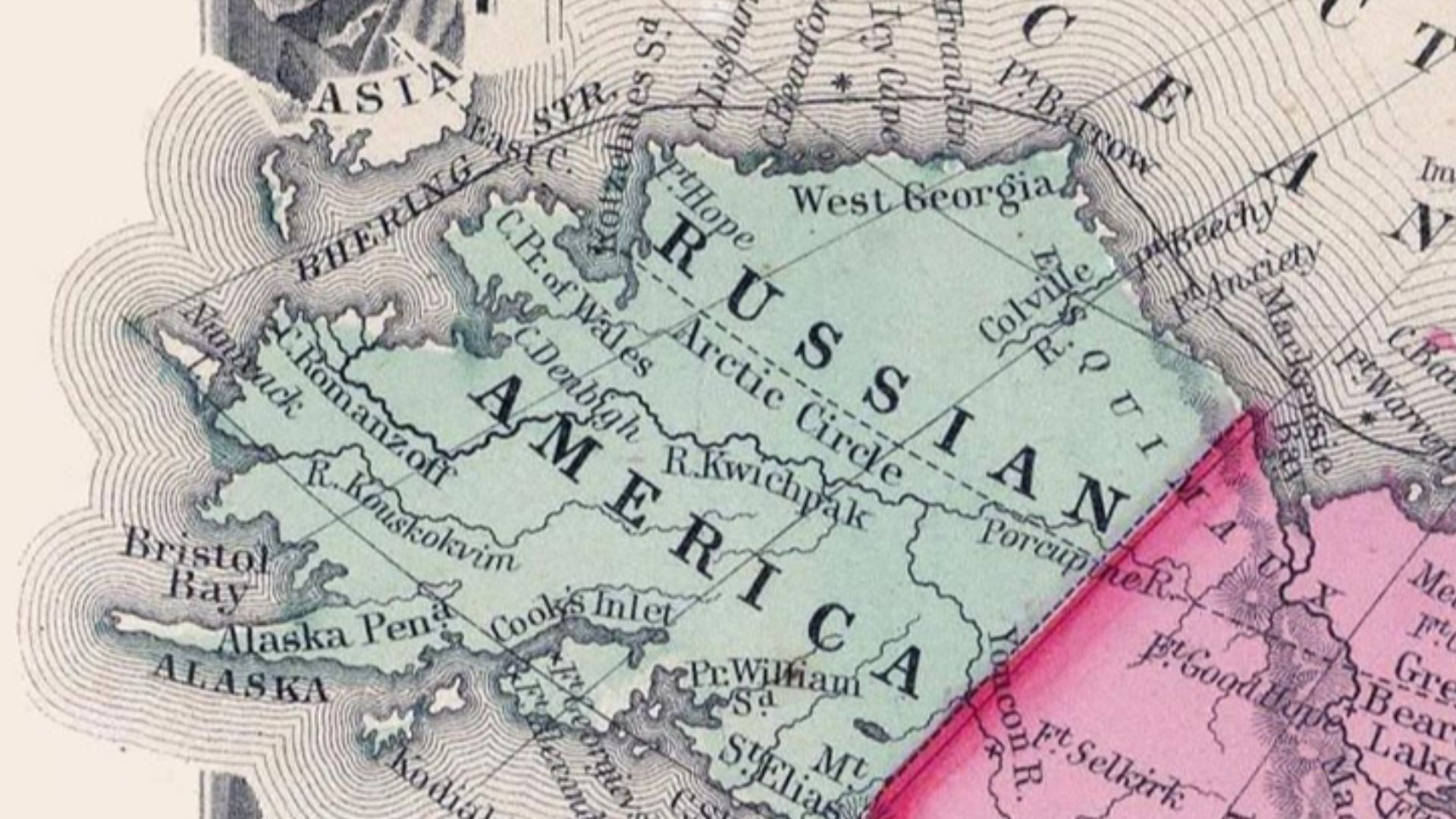 In this 1860 map, Russian America (Alaska) was to the west of British America (Canada).

Excerpt from the