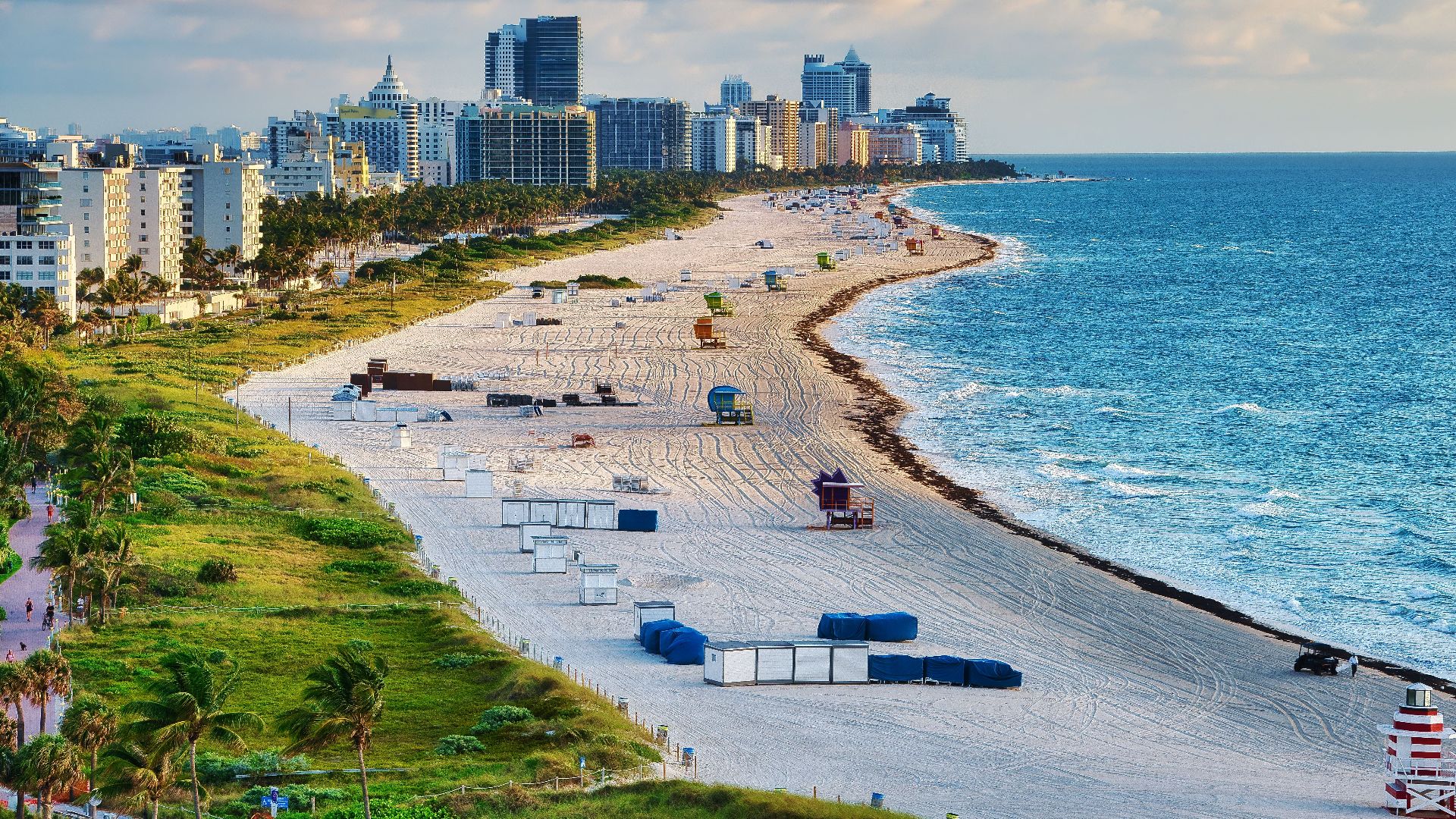 Aerial photo of Miami Beach with skyline and ocean, showcasing a vibrant summer cityscape.
