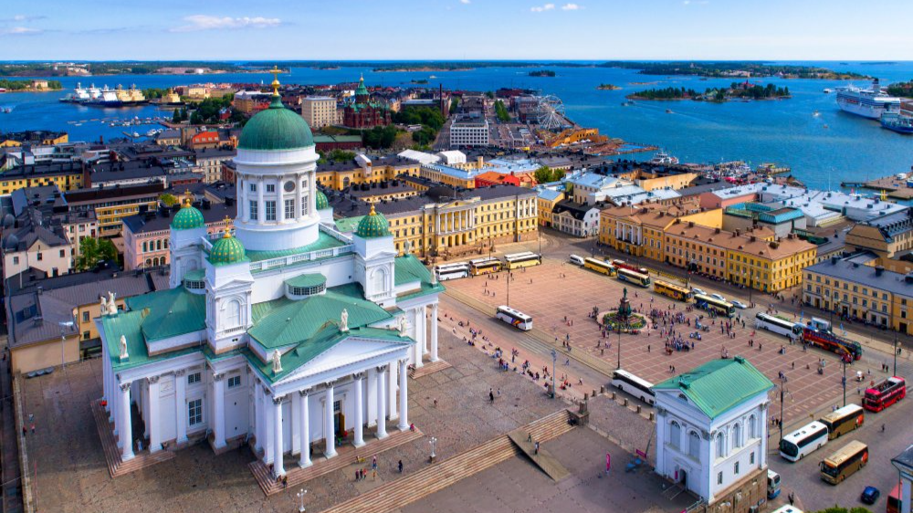 The image showcases a Vibrant urban scene of Helsinki, Finland