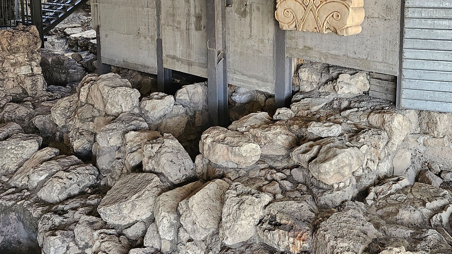 Ruins of the Large Stone Structure in the City of David, Jerusalem, with a stone column capital typical of Iron Age Israel.