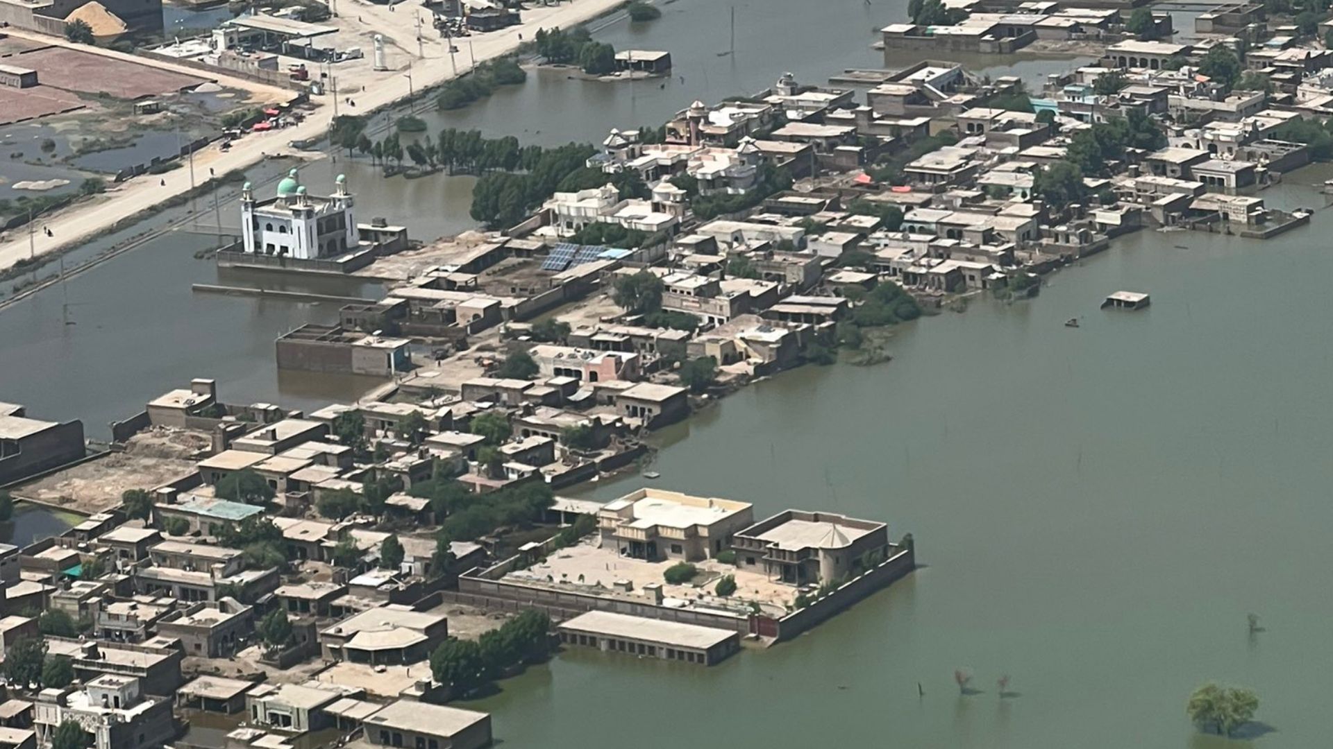 An arial view of Shahdadkot, Khairpur Nathan Shah, Mado, Faridabad, Mehar and other cities of Sindh covered with flood water in 2022. Flood in Sindh. Flood In Pakistan.