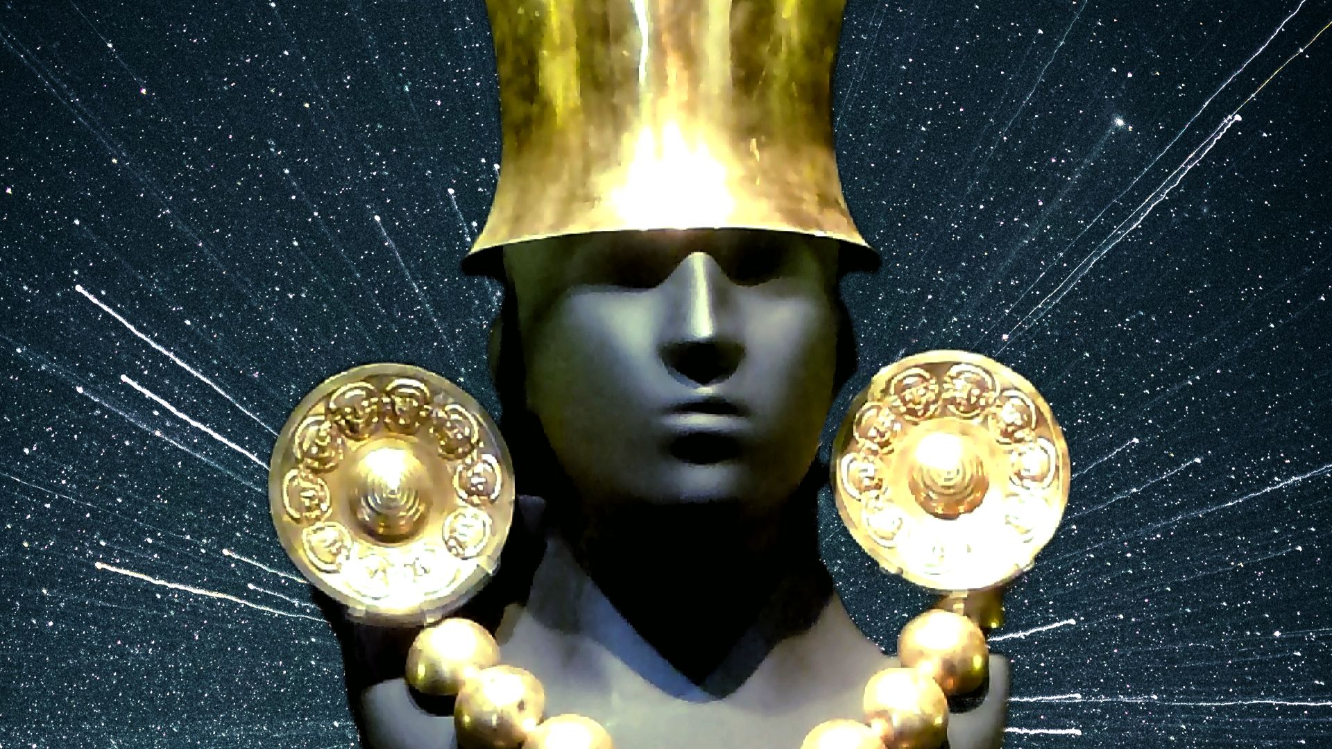 Ornament (1100 to 1400 AD) gold funerary decorations found in the capital of the Chimu kingdom, Chan Chan. Plumes in the crown show birds, the only animals believed to be able to reach the sun. Ear decorations feature a repeated image of the leader's face