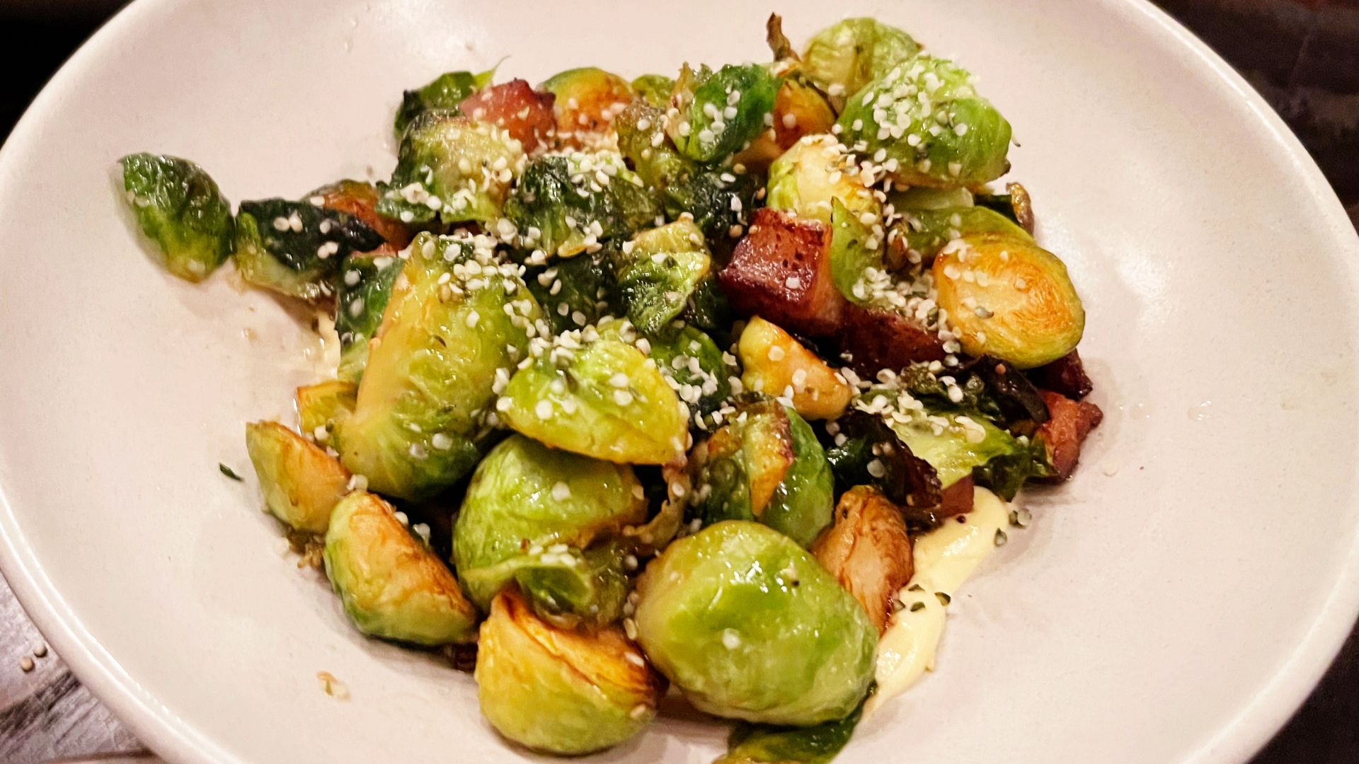 Brussels sprouts with pork belly at Taub Family Outpost, Sonoma, California.