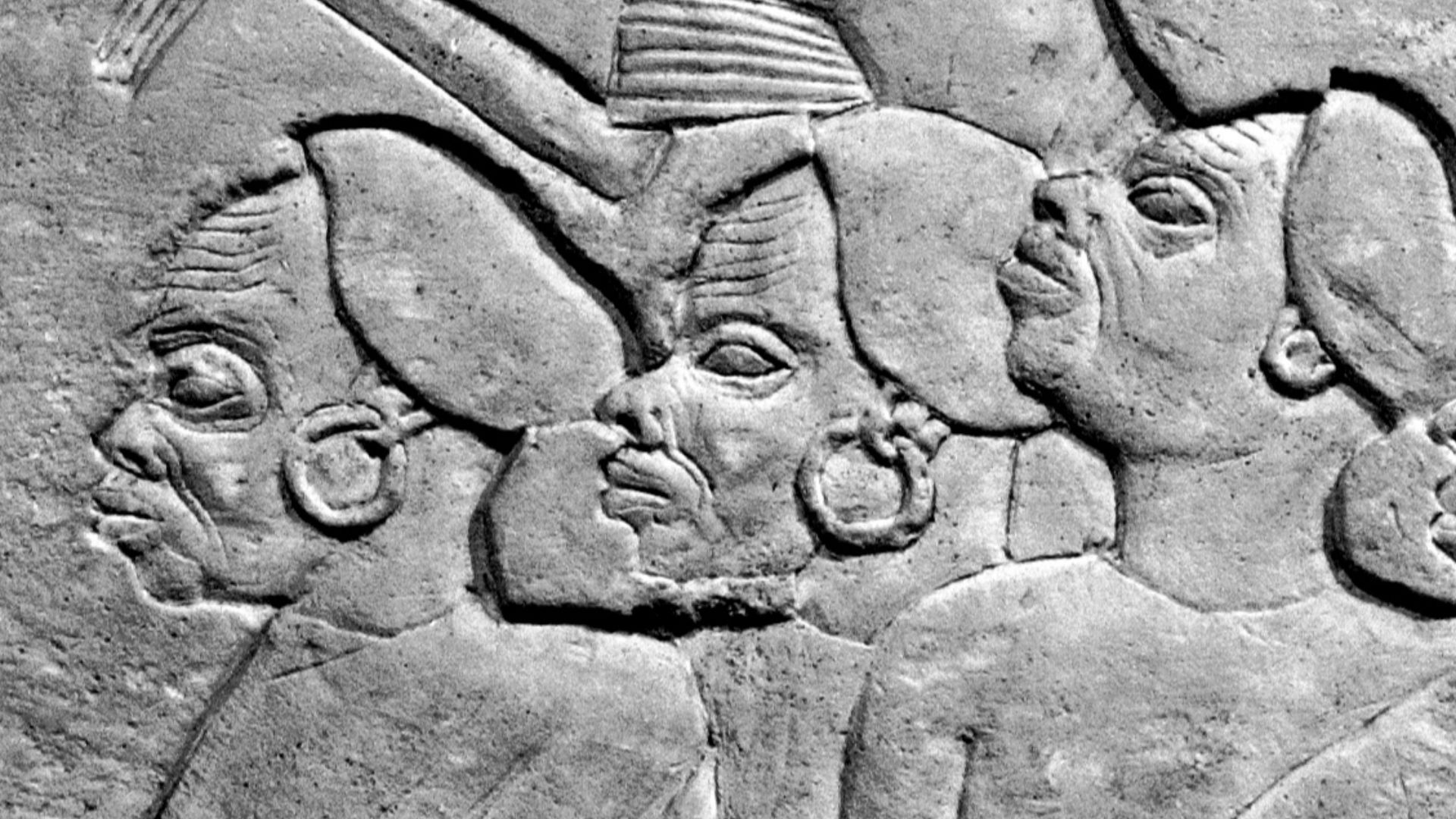 Tomb relief shows several Nubian war prisoners. Archaeological Museum, Bologna.[1]