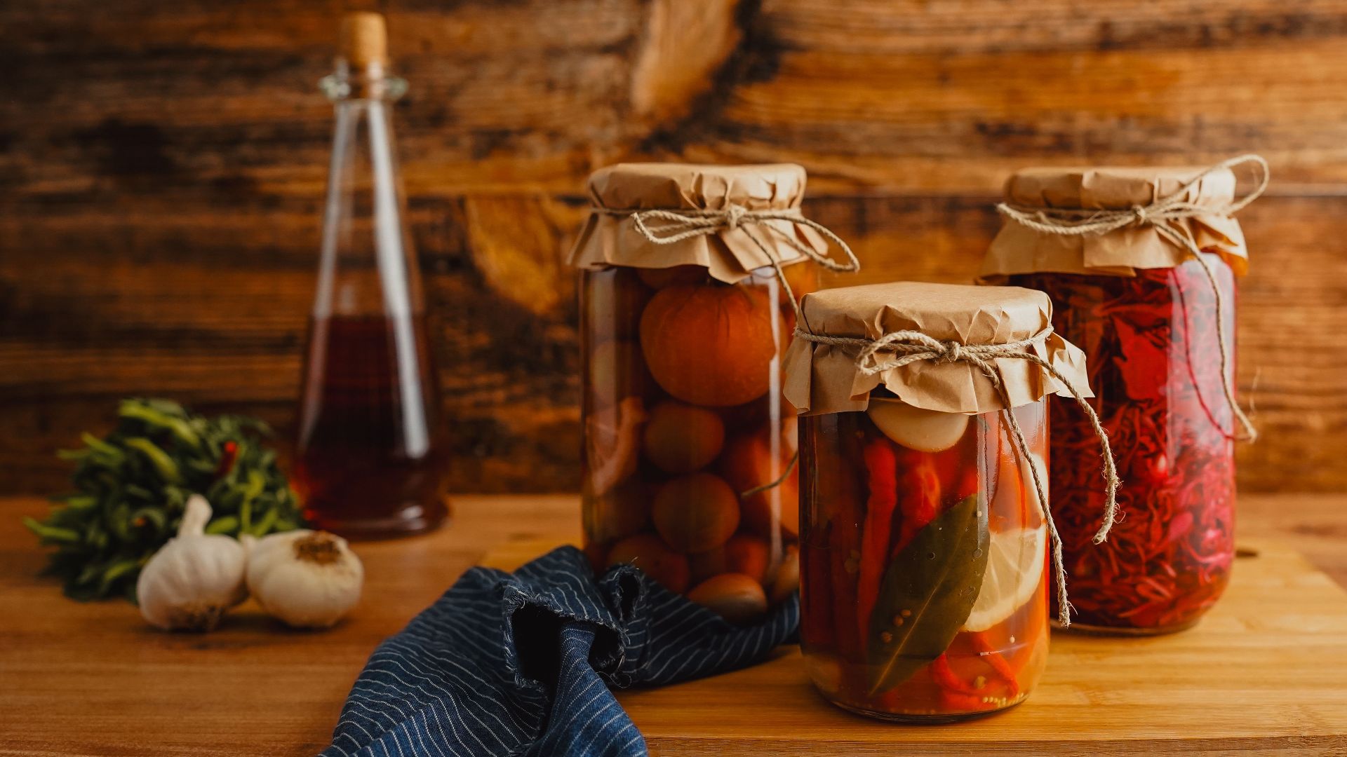 Jars of preserved vegetables on a wooden surface with a rustic background.