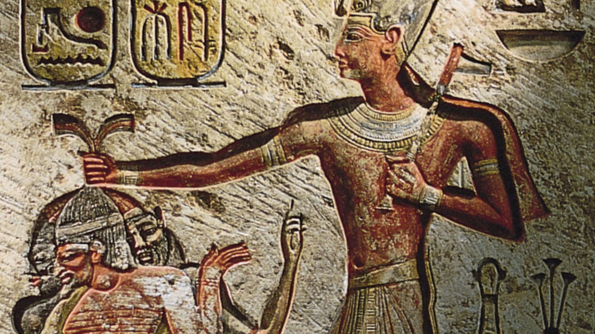 Ramses II taking a Nubian, a Syrian, and a Libyan prisoner. Created c. 1250 BCE, displayed in Cairo Museum.