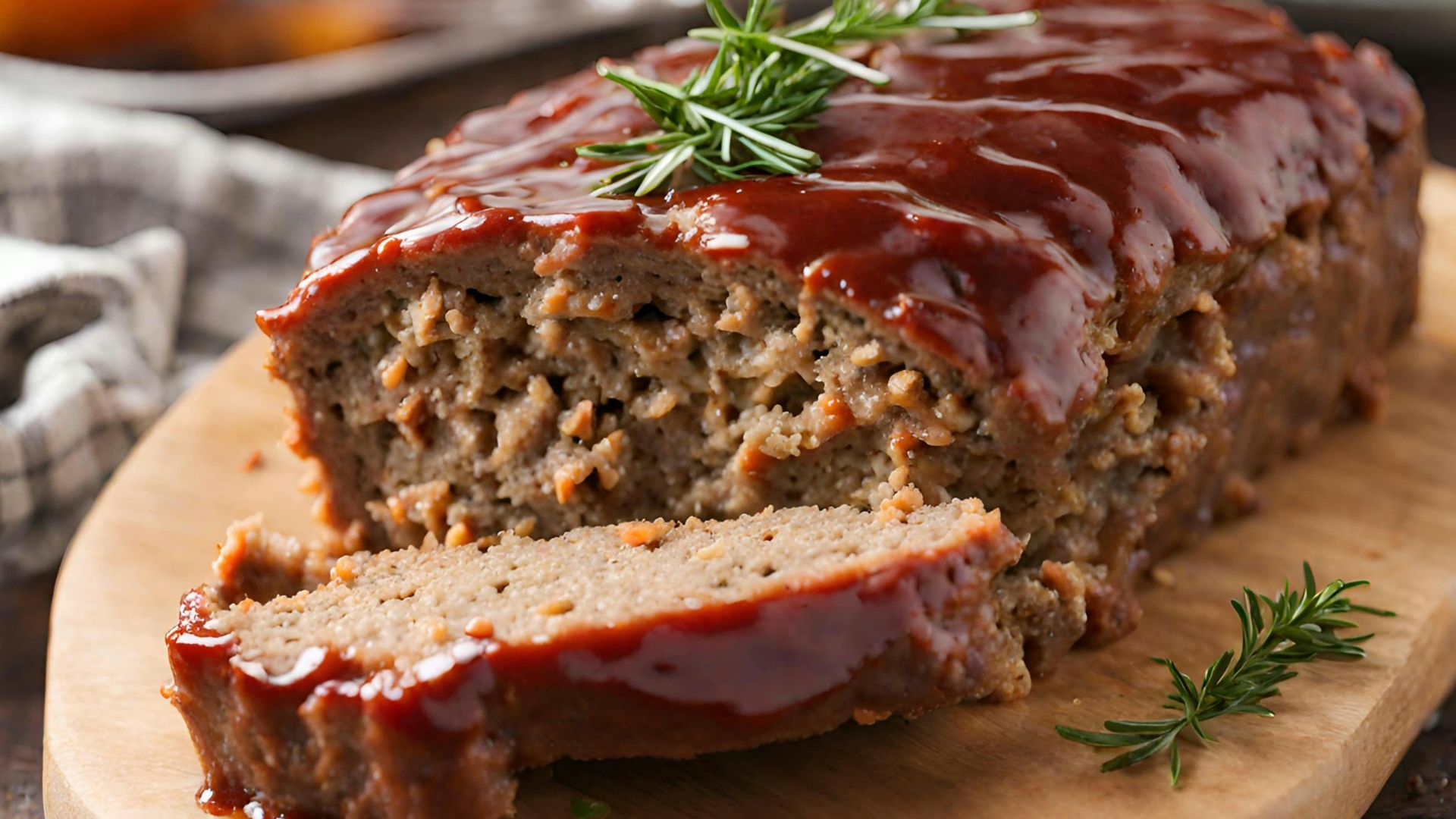 a loaf of meatloaf on a cutting board with a sprig of