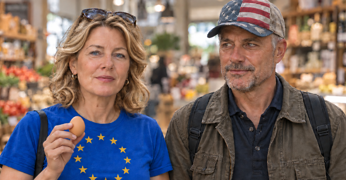 American man and a European woman holding an egg