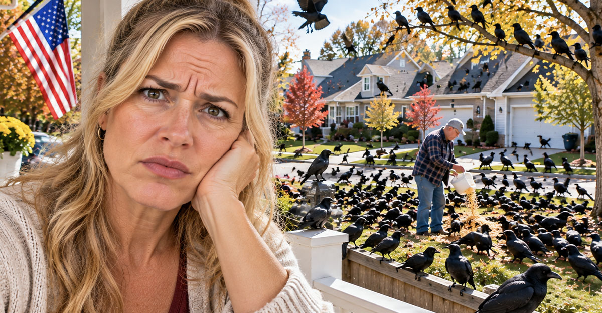 A concerned woman with a man feeding crows