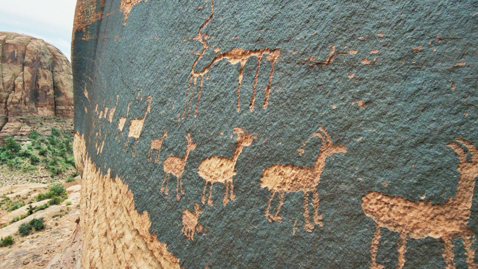 A petroglyph of a caravan of bighorn sheep near Moab, Utah, USA; a common theme in glyphs from the desert southwest.