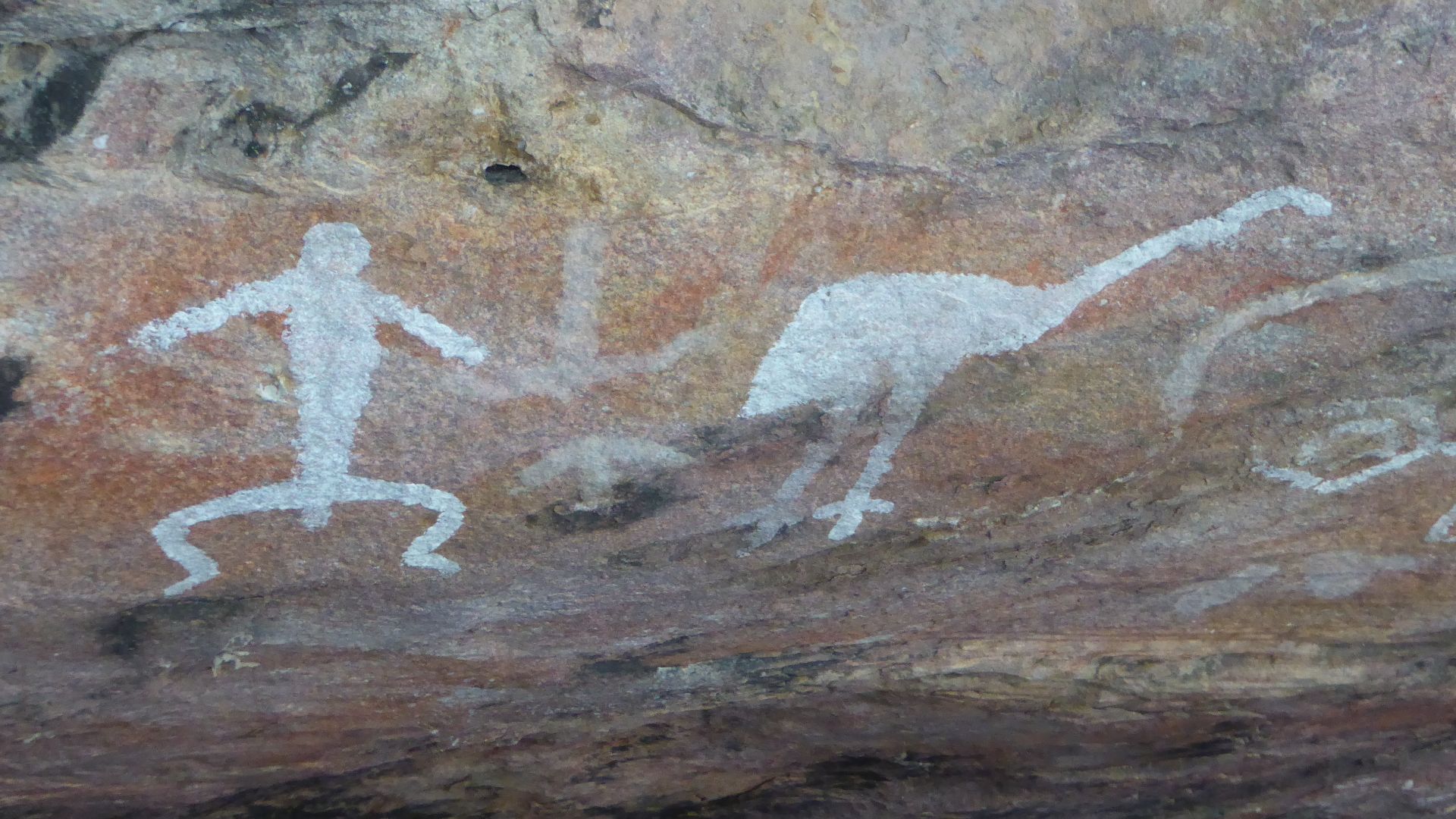 Australian Aboriginal rock painting depicting a person and an emu.