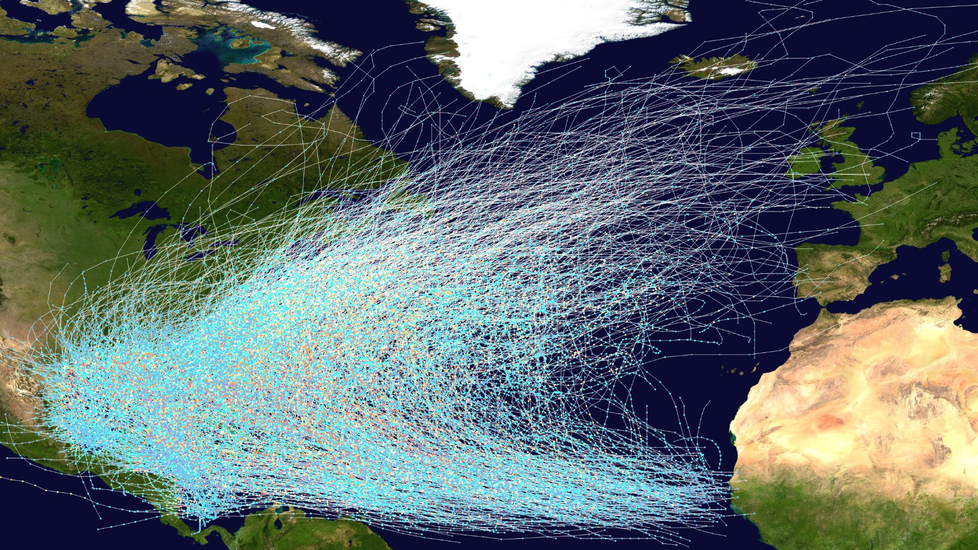 This map shows the tracks of all Atlantic hurricanes which formed between 1851 and 2025. The points show the locations of the storms at six-hourly intervals and use the color scheme shown to the right from Saffir-Simpson Hurricane Scale.