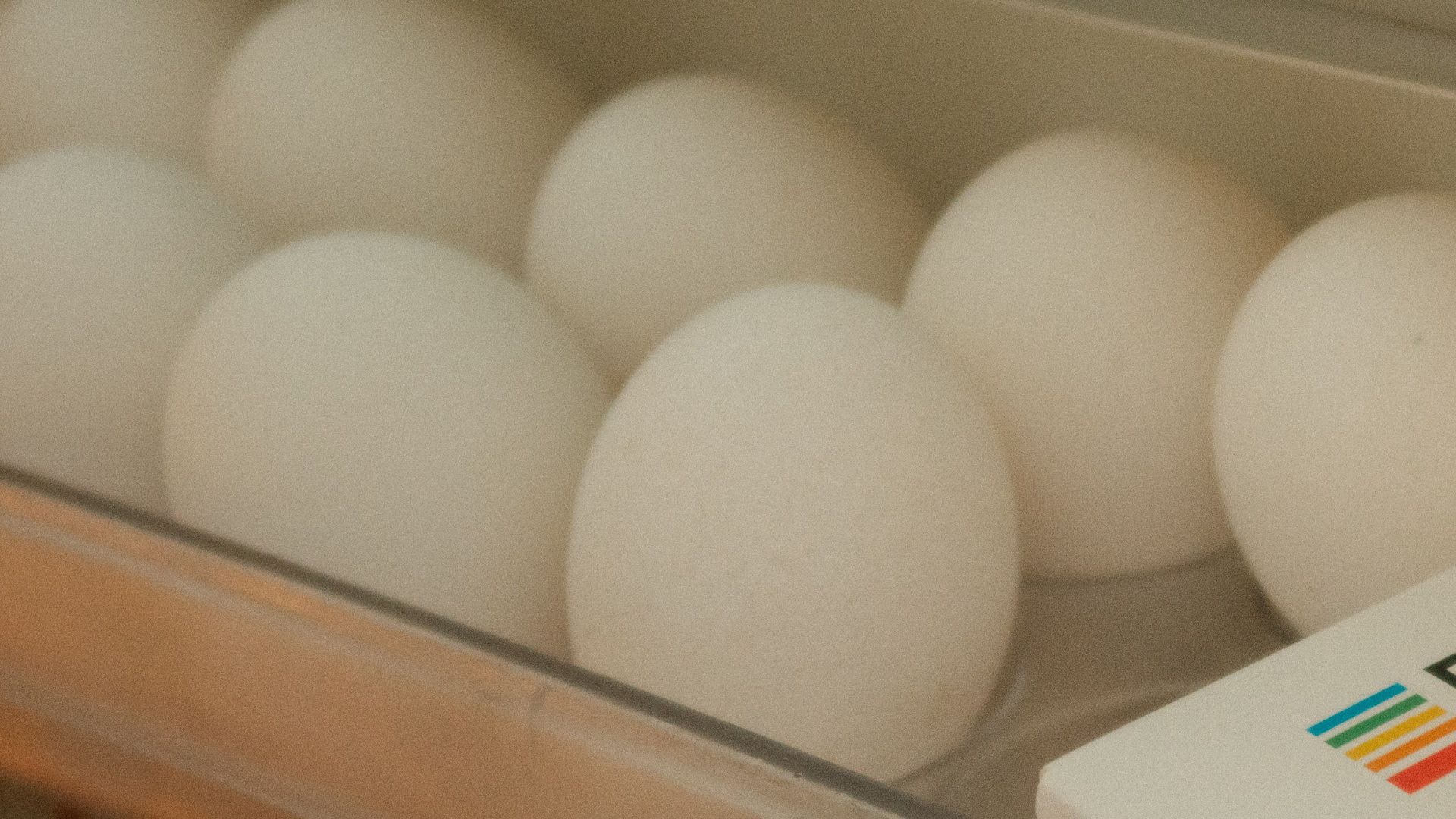 Close-up of fresh eggs and Polaroid film box in refrigerator, symbolizing freshness and nostalgia.