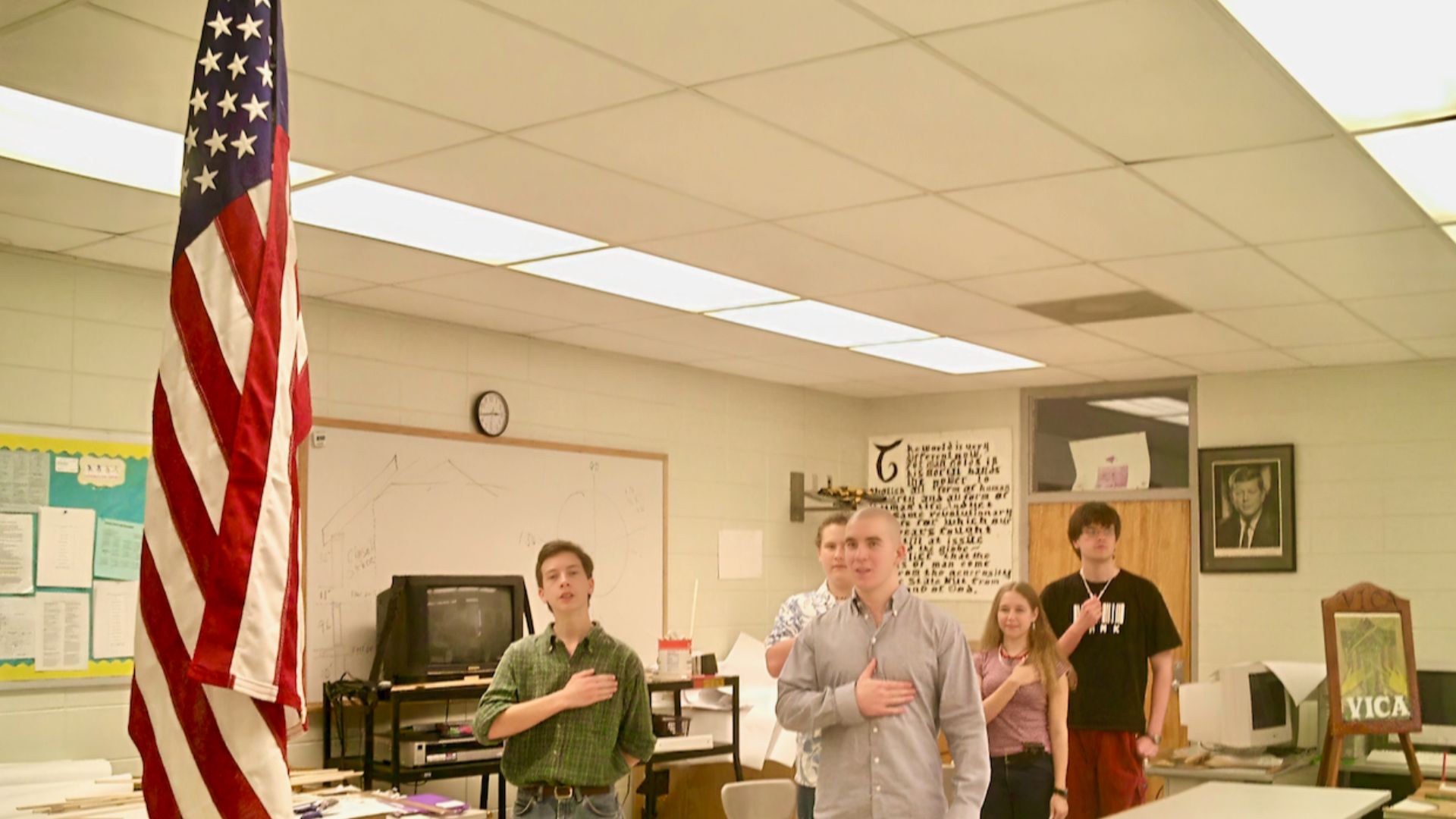 Students recite the Pledge of Allegiance to the flag of the United States at Hayesville High School in North Carolina in 2004