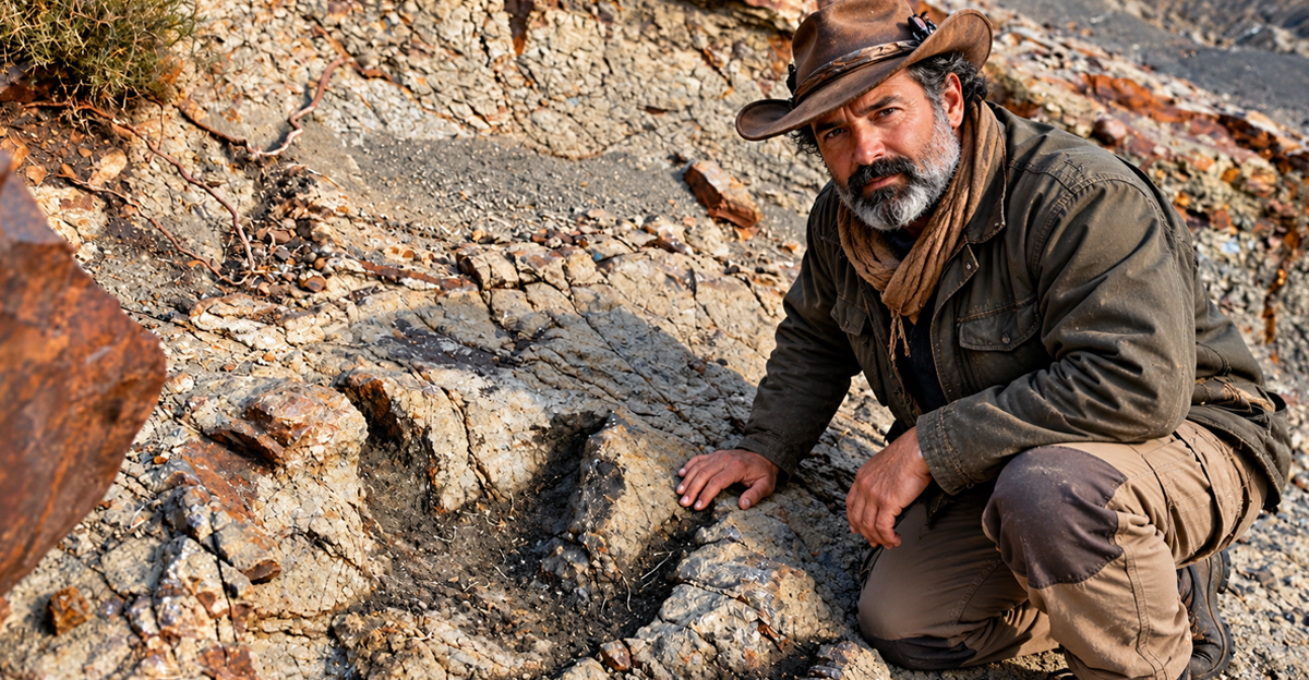 AI-generated image of man crouched down next to fossilized footprint