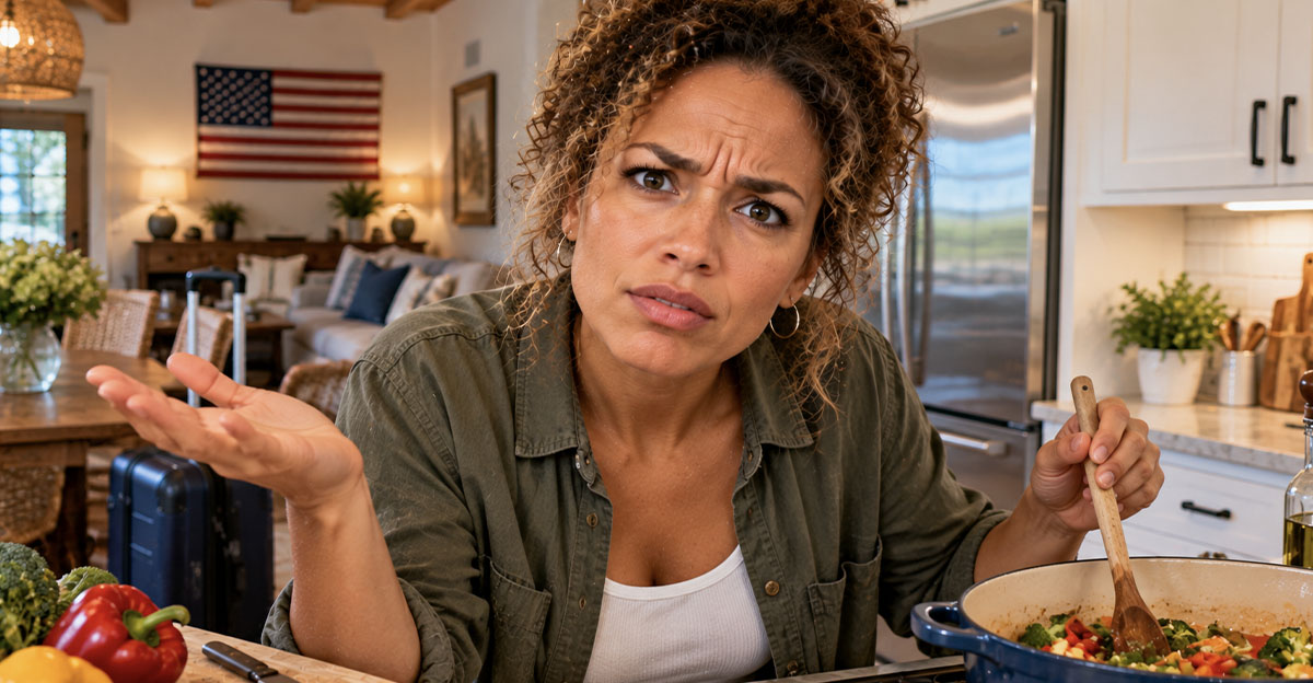 A confused woman cooking