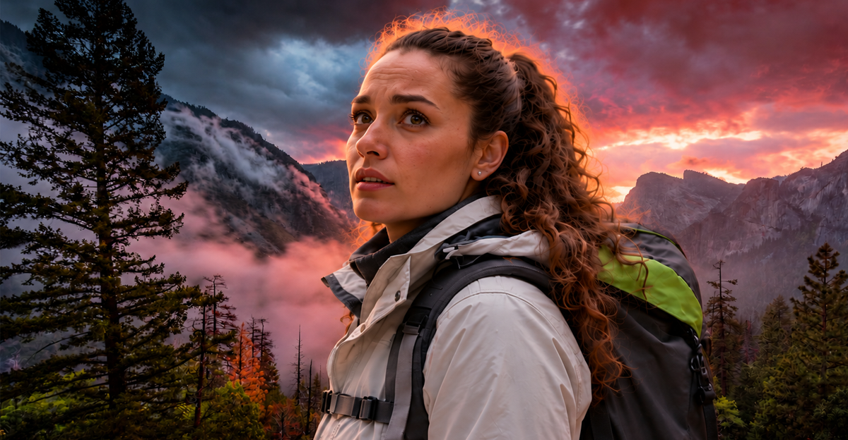 Yosemite Valley Mountain landscape at dusk with an AI-generated woman