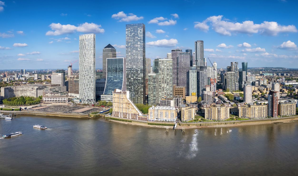 Panoramic aerial view of district Canary Wharf and the Docklands in London, England, during a sunny day