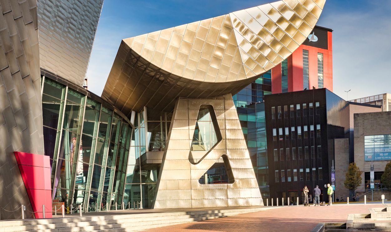 2 November 2018: Salford Quays, Manchester, UK - The Lowry, the gallery and museum complex celebrating the life of L.S. Lowry. It was designed by James Stirling and Michael Wilford