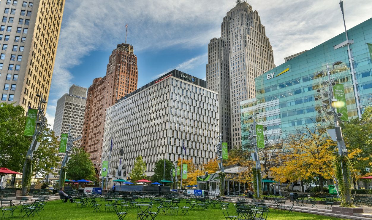 Detroit, Michigan, United States of America – October 14, 2018. Campus Martius Park in Detroit, MI. View toward the Penobscot Building, The Qube (Chase Tower) building and One Kennedy Square building