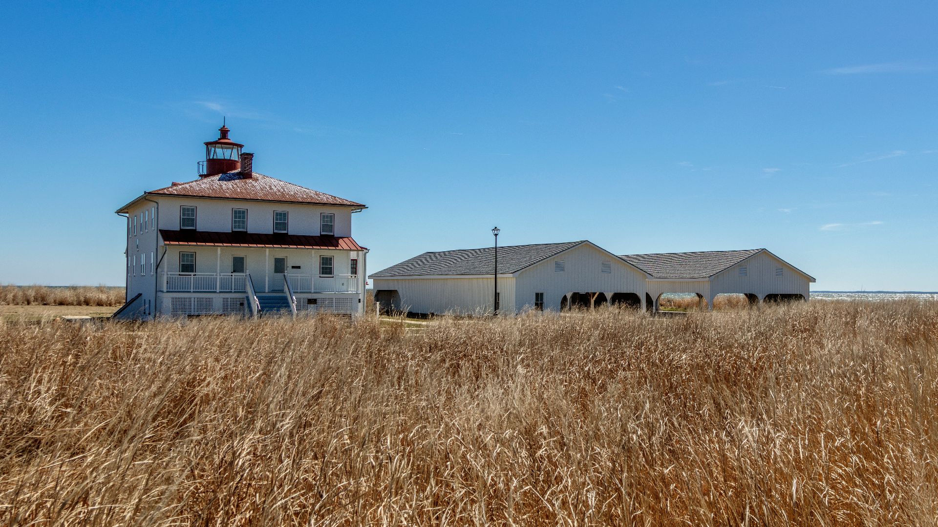 Point Lookout and Point Lookout lighthouse, Point Lookout State Park, Maryland, USA. The lighthouse is listed on the Maryland Inventory of Historical Properties, #SM-271 [1]