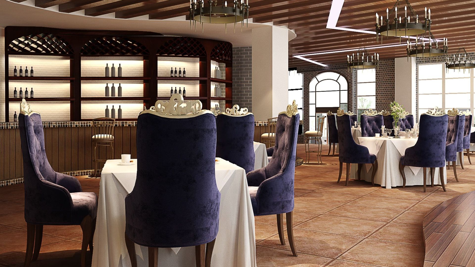 Sophisticated luxury restaurant interior featuring elegant chandeliers and plush seating, perfect for fine dining.