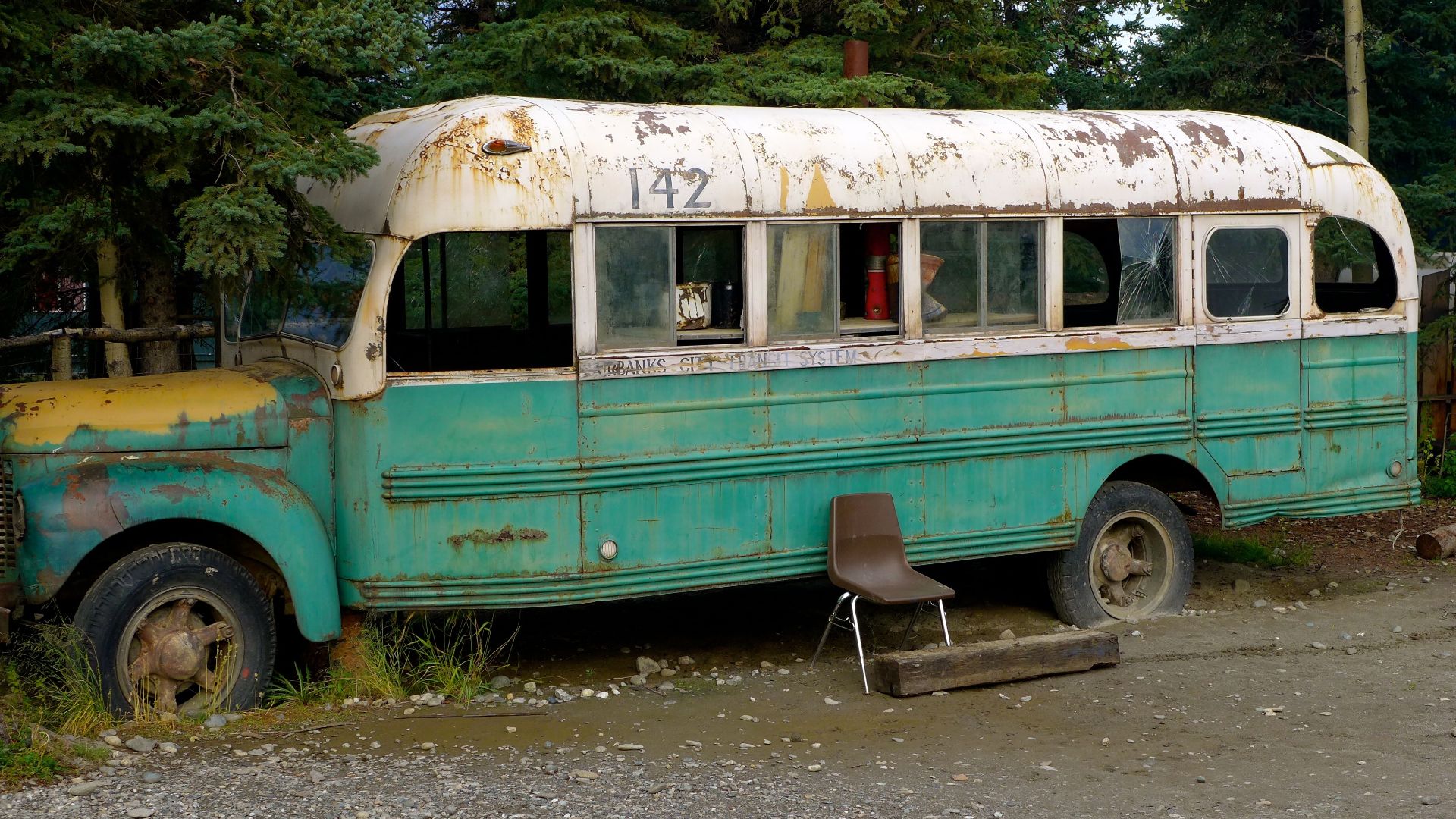 The replica of the school bus that Chris McCandless lived in, this one was used for the filming of Into the Wild