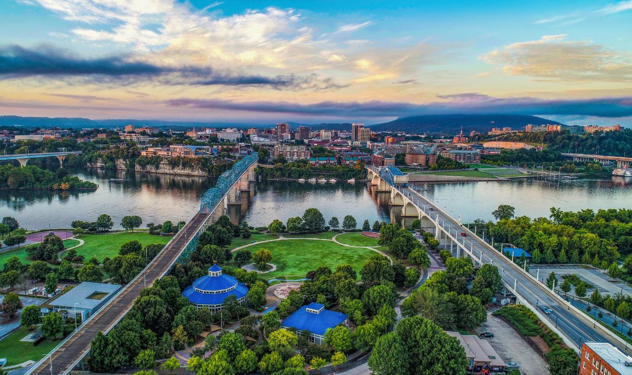 Drone Aerial View of Downtown Chattanooga Tennessee TN Skyline and Tennessee River