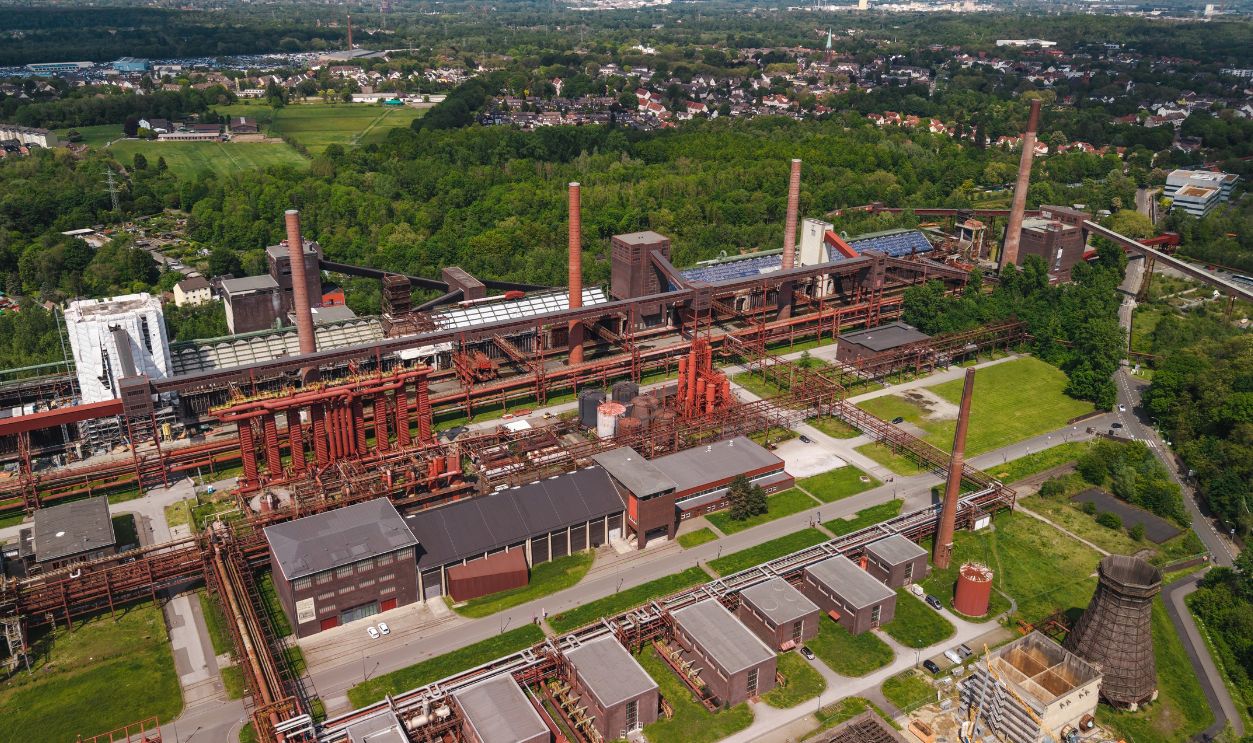 Aerial view of Zollverein Coal Mine Industrial Complex in Essen with historic industrial buildings and former mining infrastructure in Germany.