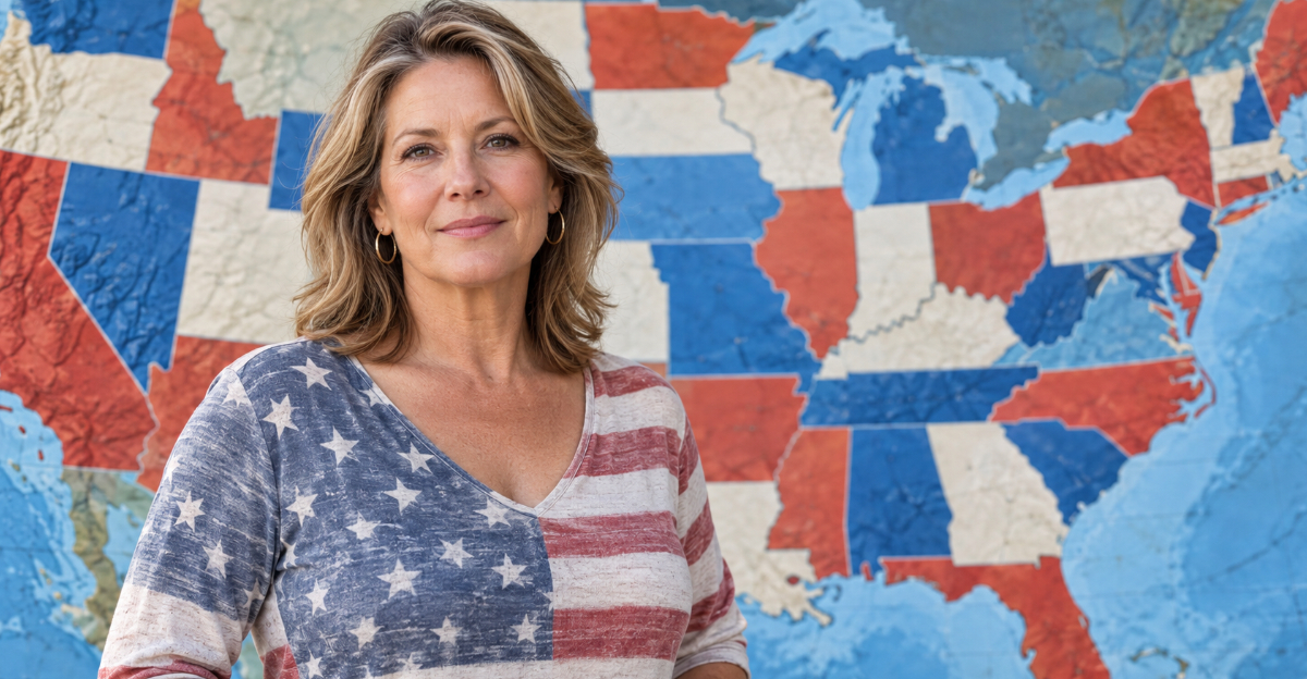Woman in American flag shirt in front of USA states map