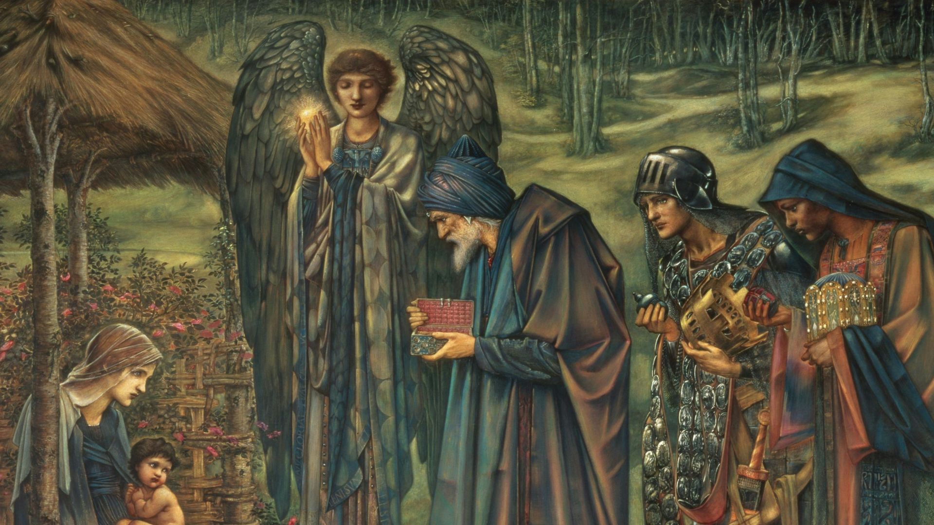 birth of Jesus Christ with three kings and angel painting