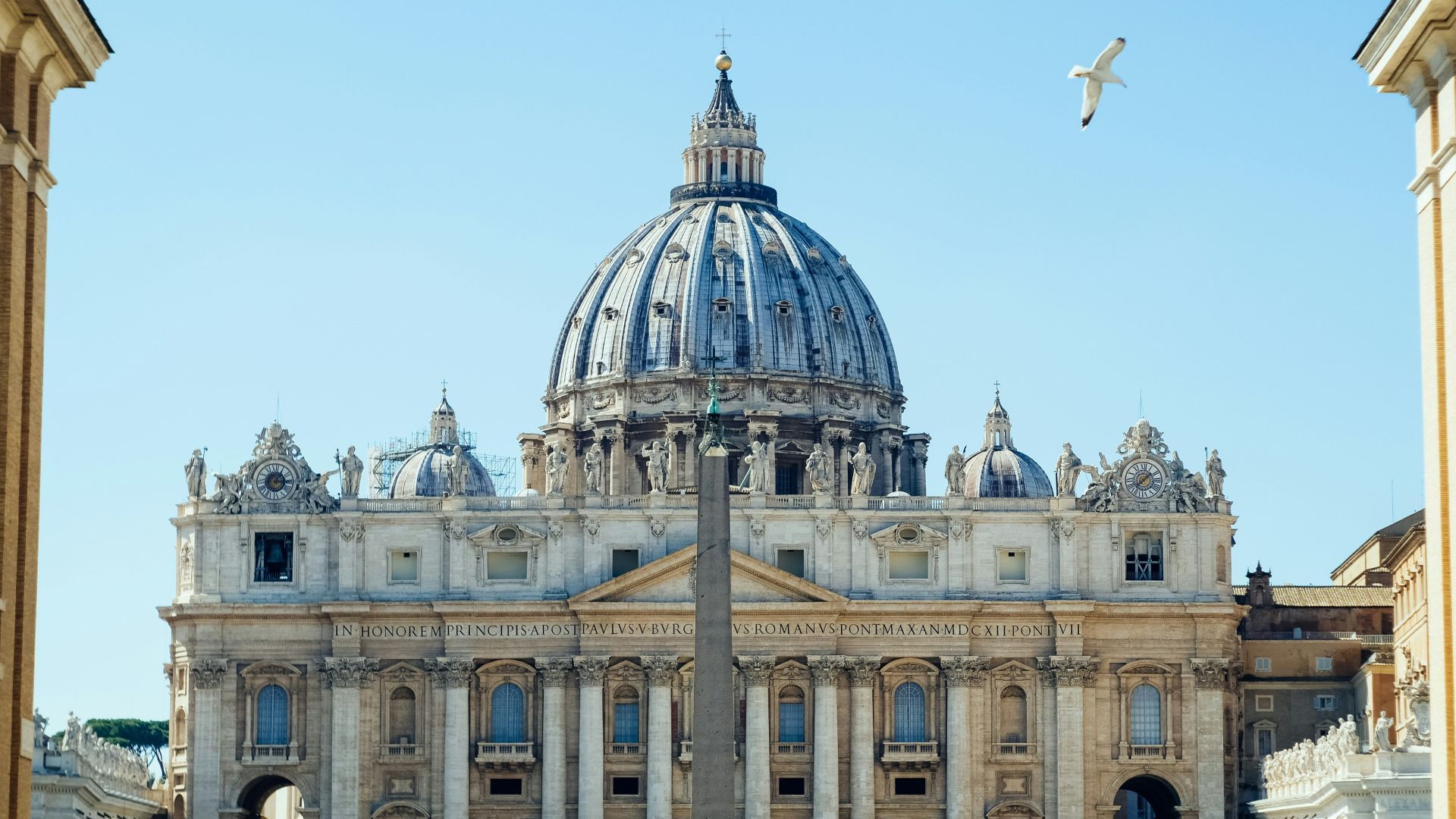 St Peter's Basilica with its large dome and an obelisk in Vatican City