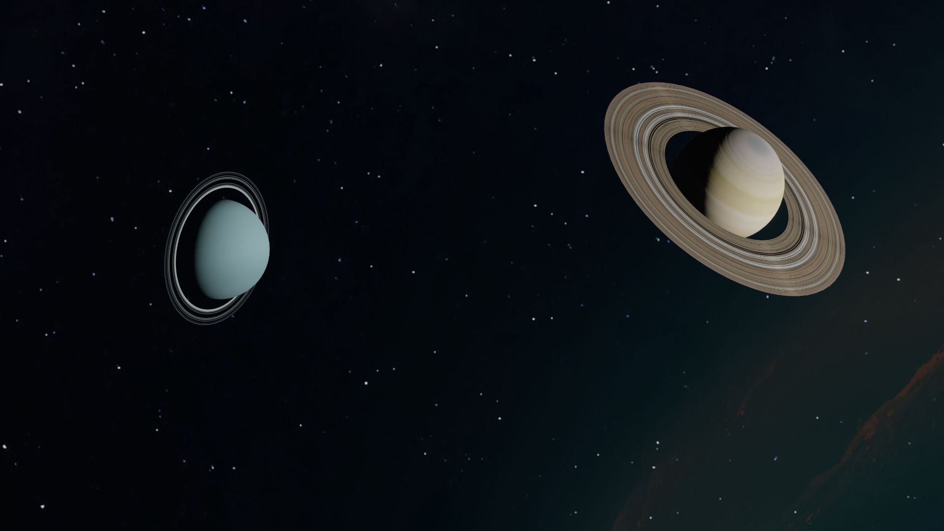 Image of Saturn and Uranus with their rings against a starry backdrop in space.