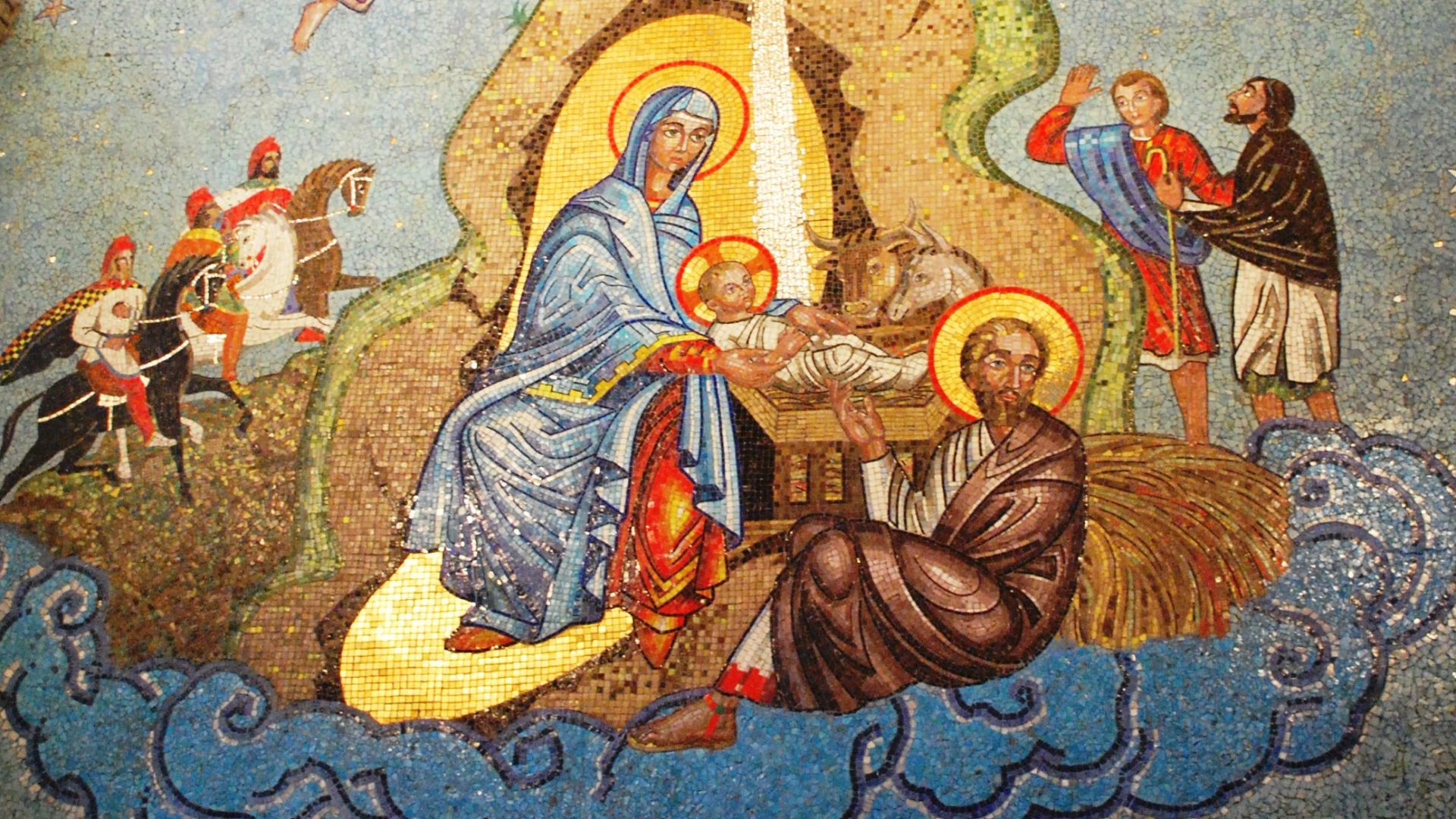 Mosaic mural depicting the Nativity by Manuel Perez Paredes in the Nuestro Señor del Veneno Temple on Carranza Street in Mexico City
