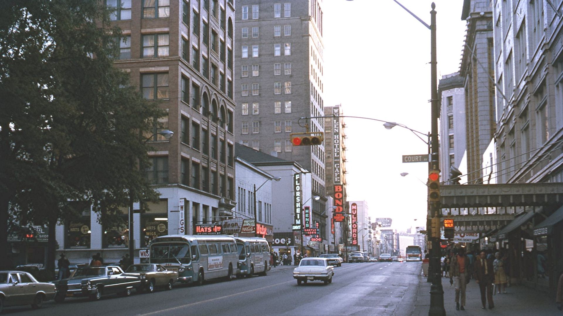Late afternoon shot in the main street of Memphis, Tennessee. Taken on Kodachrome on 11 Nov 1971.